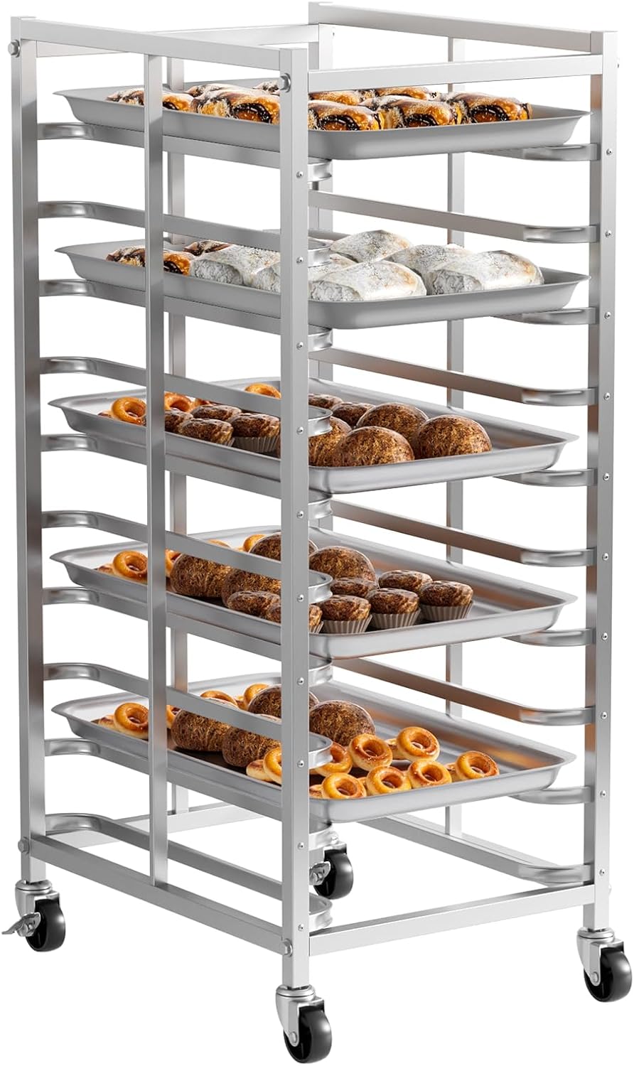 Kitchen Baking Cart - 業務用ステンレス製ベーキングラック（車輪付き）、シートパン収納カート、移動式パンカート、頑丈なベーカリー冷却ラック（キッチン、レストラン、ケータリング用）、10段