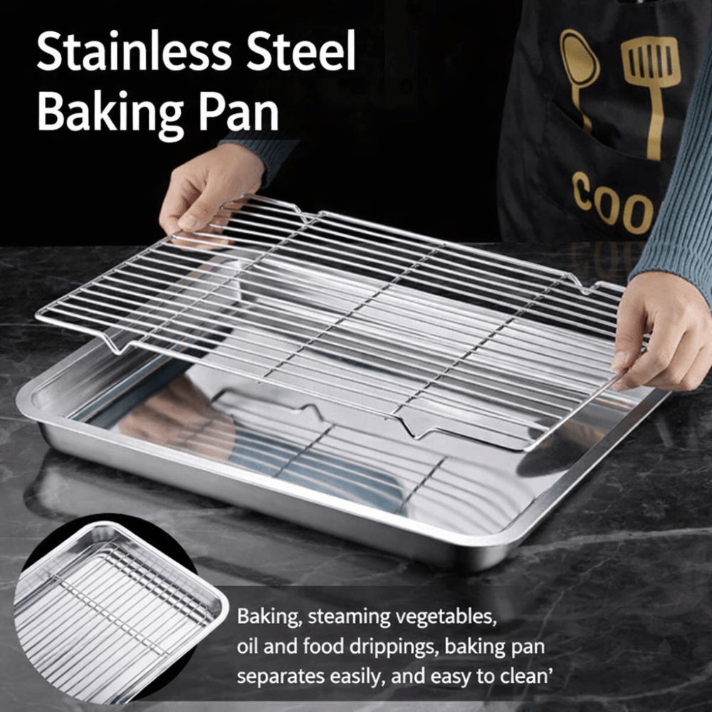 Kitchen Oven Baking Pans - ポータブルノンスティックステンレス製ベーキングパン、冷却ラック付き、バーベキュートレイ、正方形オーブンラック、調理・ロースト用