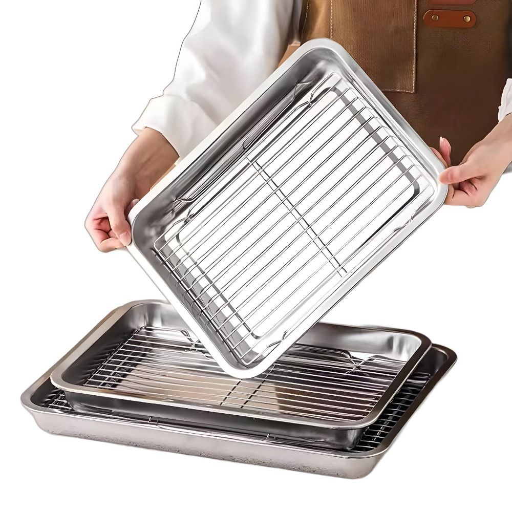 Kitchen Oven Baking Pans - 持ち運び可能なノンスティックステンレス製ベーキングパン、取り外し可能な正方形BBQトレイ、冷却ラック付きオーブンラック、調理・ロースト用
