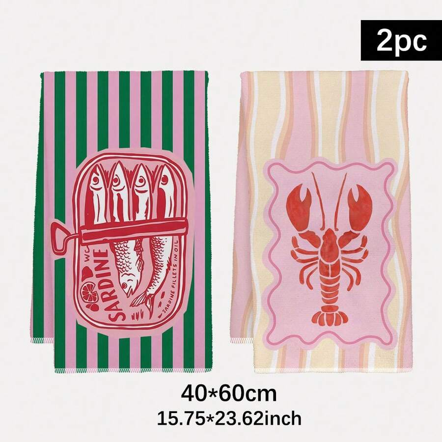 Kitchen Baking Cloth - 2枚セット、ピンクとグリーンのストライプ模様のエビと魚柄キッチンタオル、40cm*60cmタオルセット、最高のキッチンタオル、超吸収性の柔らかいクリーニングクロス、料理、ベーキング、お茶作りに欠かせない、キッチンや家庭に必須のアイテム。