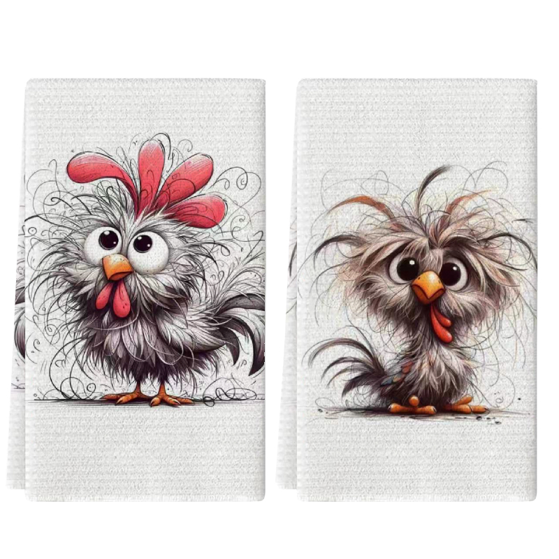 Kitchen Baking Cloth - 2枚セット、かわいいカーリーチキンキッチンタオル、40cm*60cmタオルセット、超吸収性ソフトクリーニングクロス、クッキング＆ベーキングティータオル、ハンドタオル、クリーニングクロス、食器洗い布、キッチン装飾、リビングルーム装飾、キッチン必需品、家庭必需品