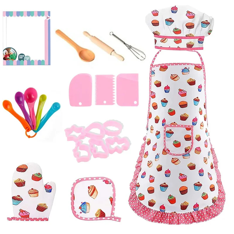 Kitchen Baking Cloth - キッチンおもちゃ ベーキングごっこ遊び 料理道具 女の子向けシェフエプロンセット ピンクコスチューム 知育ドレスアップおもちゃ