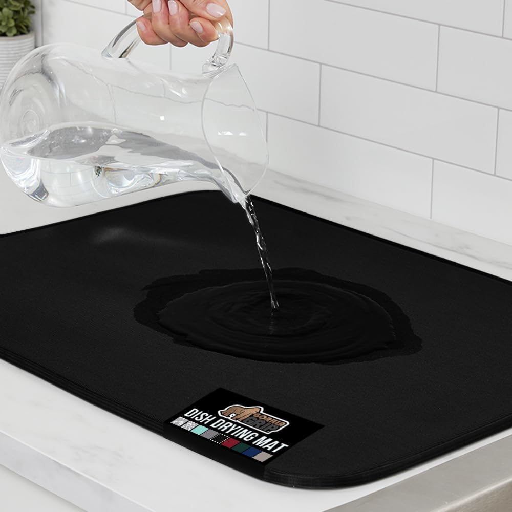 Kitchen Accessories For Baking - 超吸収性マイクロファイバー乾燥マット、速乾性厚手メッシュ、滑り止めマット（シンクカトラリー用またはラック下用）、キッチンカウンターアクセサリー、洗濯機で洗えるマット、18x16インチ、ブラック