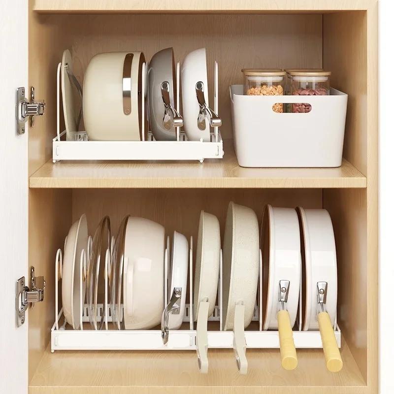 Kitchen Cabinet Baking Organizer - 拡張可能なキッチンキャビネットオーガナイザーラック、調節可能な鍋蓋ホルダー、7つのステンレス製仕切り付き調理器具パンベーキングトレイ収納スタンド、頑丈な引き出しスライド棚、12～22インチキッチンアクセサリー、ホワイト