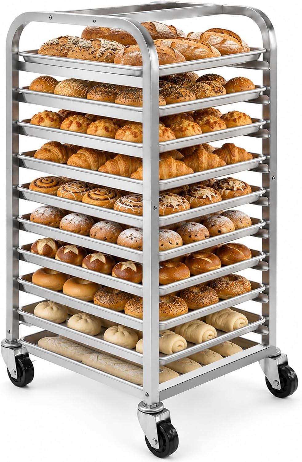 Kitchen Baking Cart - 10段ステンレス製シートパンラック（車輪付き）、移動式ベーカリー冷却カート、高速パンラック、頑丈な収納オーガナイザー（家庭用キッチン、レストラン用）、シルバー