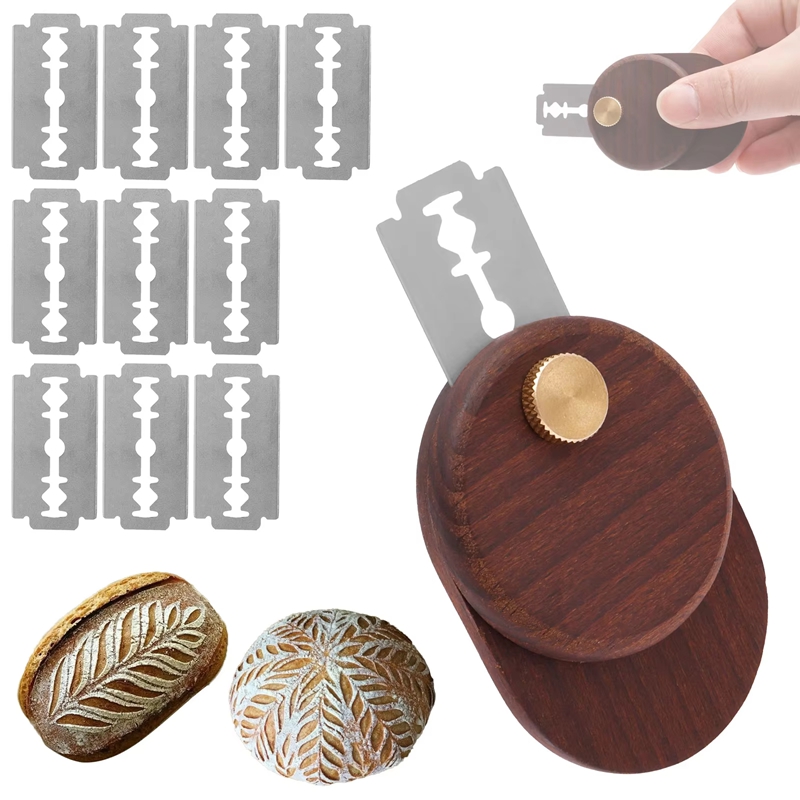 Dough Scraper Curved - パンラメ生地スコアリングツール木製スクレーパーフランス製パンラメ10枚刃付きナイフアークカーブスライサーカッターベイクツール