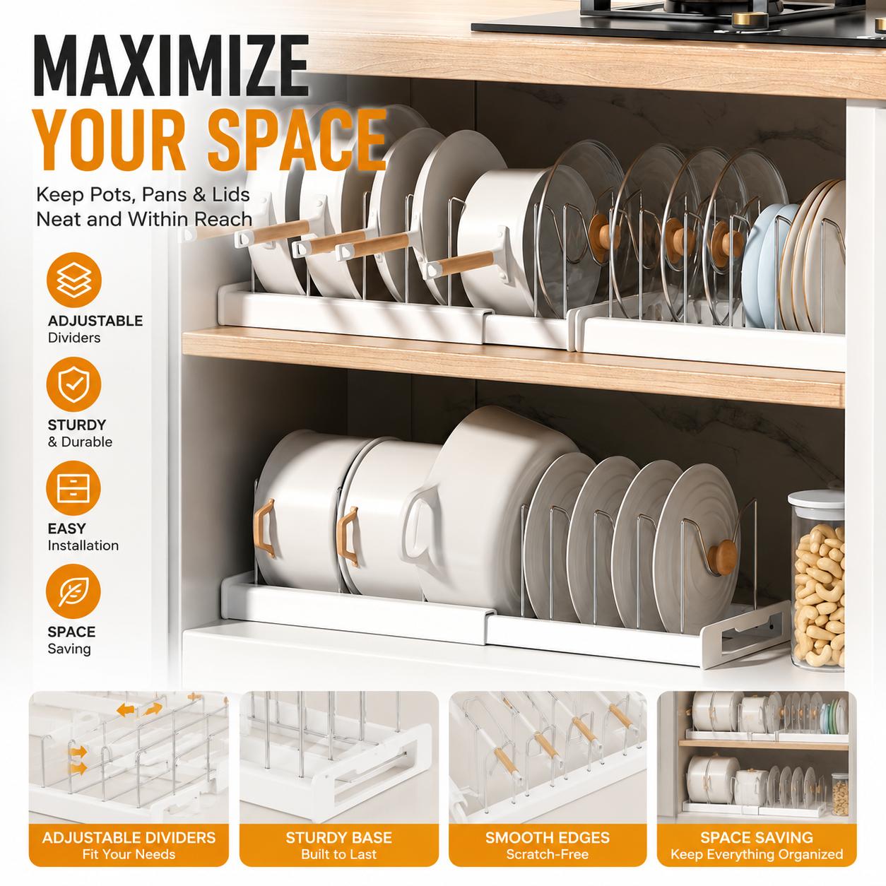 ABS拡張可能な鍋とフライパンオーガナイザーラック、調節可能 - Kitchen Cabinet Baking Organizer のレビューと価格