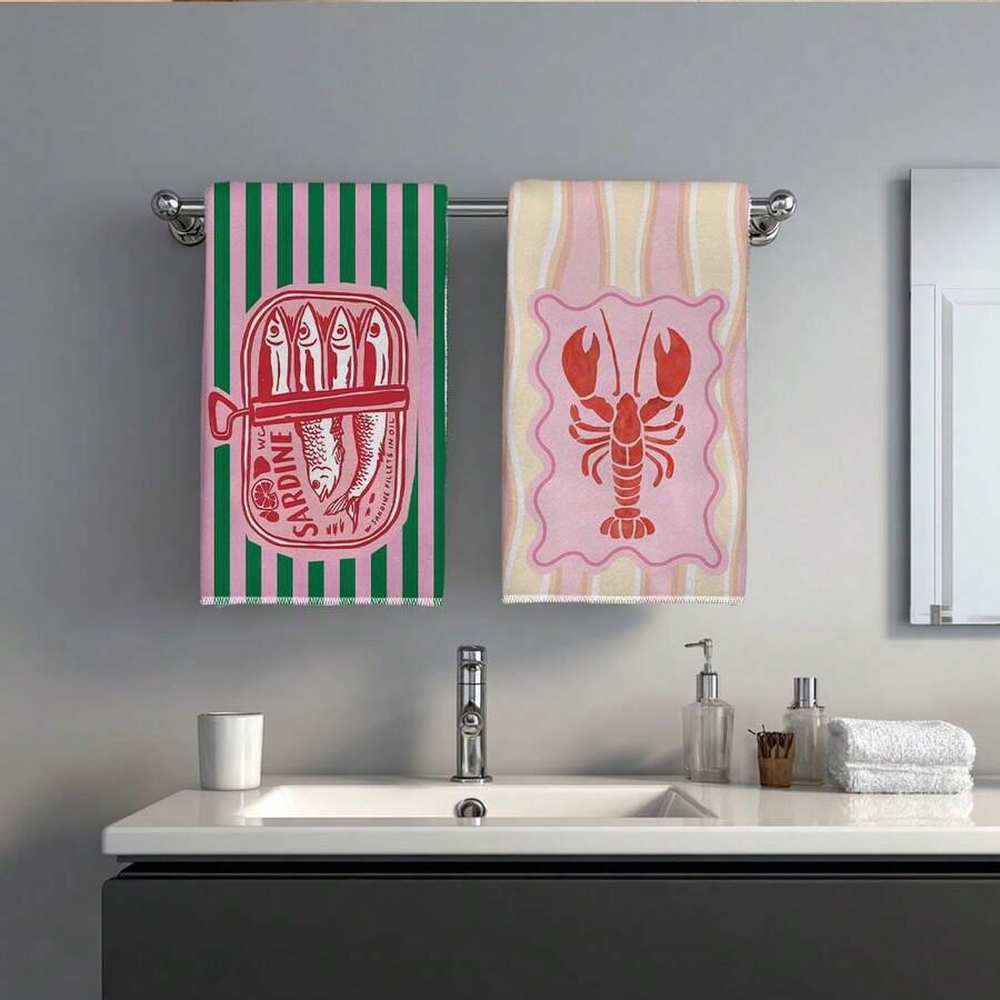 2枚セット、ピンクとグリーンのストライプ模様のエビと魚柄キッ - Kitchen Baking Cloth のレビューと価格