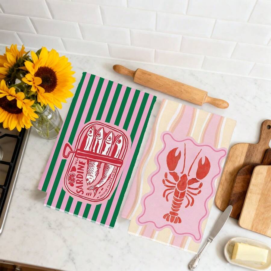 2枚セット、ピンクとグリーンのストライプ模様のエビと魚柄キッ - Kitchen Baking Cloth のレビューと価格