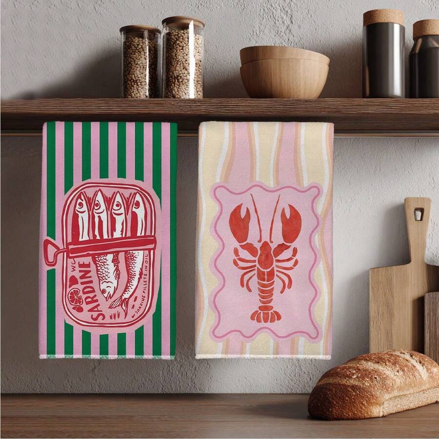 2枚セット、ピンクとグリーンのストライプ模様のエビと魚柄キッ - Kitchen Baking Cloth のレビューと価格